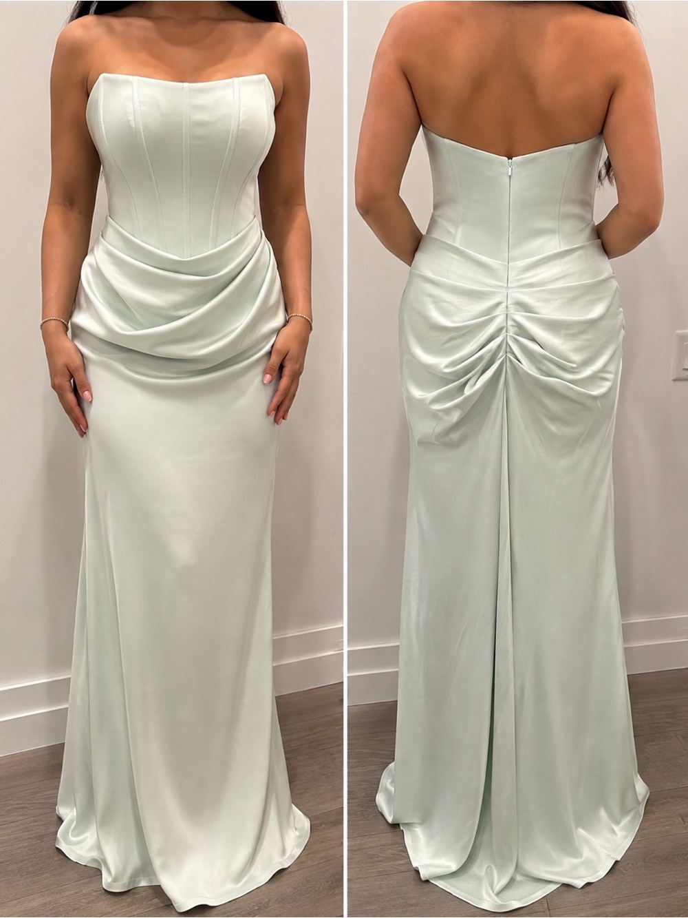 Ever New Strapless Drape-Front Satin Maxi in Pale Mint